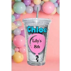 (10) CUSTOM BIRTHDAY PARTY FAVORS 10 (ten),16 ounce tumblers, lids and straws